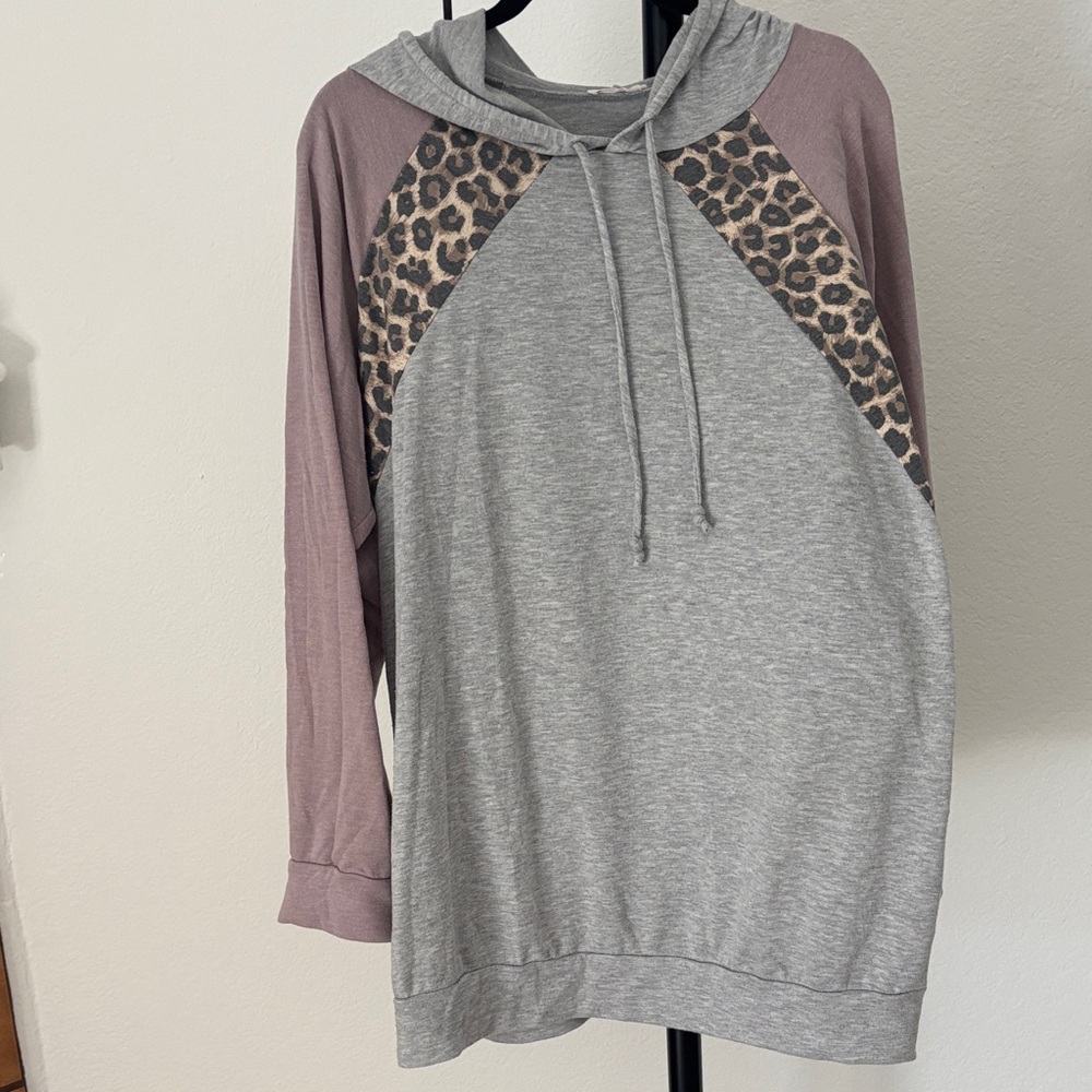 Gray and Mauve Leopard Print Hoodie